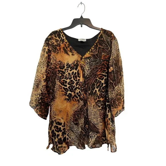 Signature Animal Print V-Neck Blouse 2X Tan/Brown Sheer Embellished 3/4 Sleeve - Picture 3 of 3